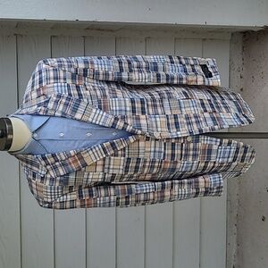 JOS A BANK Madras Pattern Tan Beige Red Grey Plaid Cotton 44 L‎ Mens Sport Coat